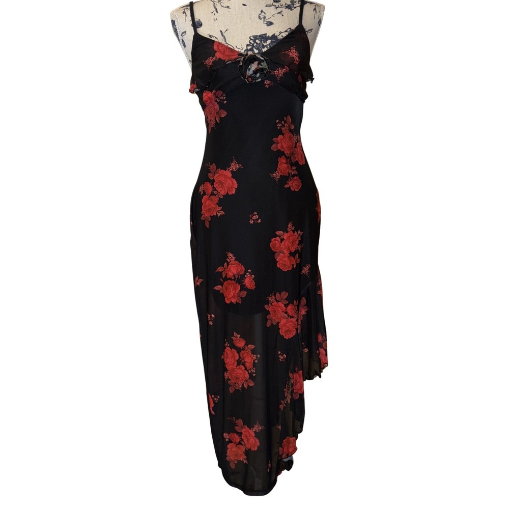 No Comment Black & Red Floral Sheer Midi Dress – Asymmetrical Hem, Size M